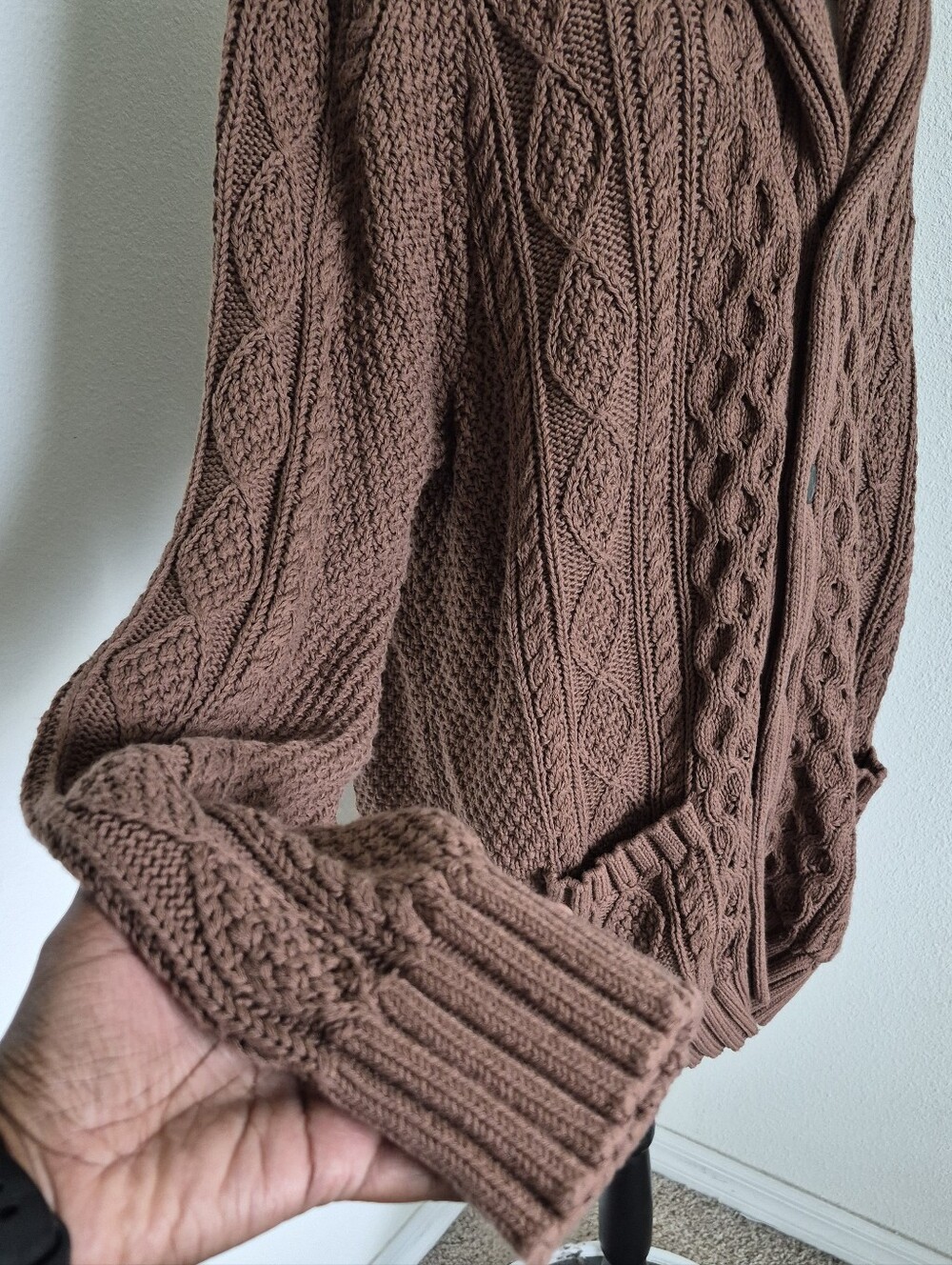LL Bean Signature Cotton Fisherman Cable Knit Cardigan Sweater XXL Shawl Brown - Picture 8 of 14